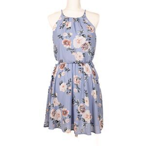 Elegant Sky Blue with Floral Print Dress, Size S